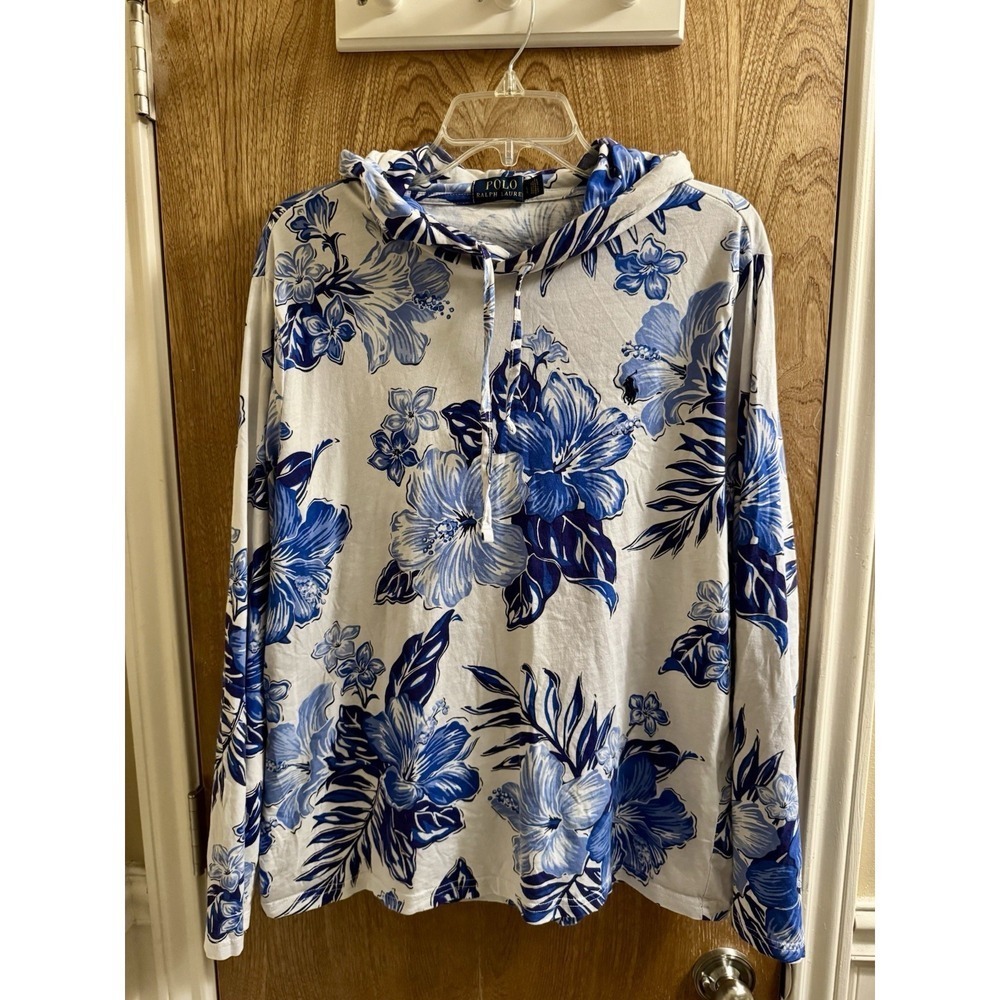 Polo Ralph Lauren Men's Floral Cotton Jersey Hooded T-Shirt Hoodie Large Blue